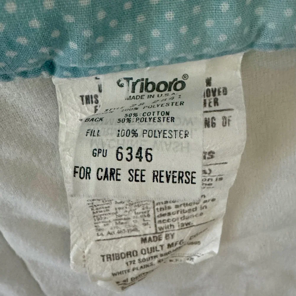Vintage Triboro Baby Quilt and Ruffle Pillow Set Blue Polka Dot Poodle Made USA